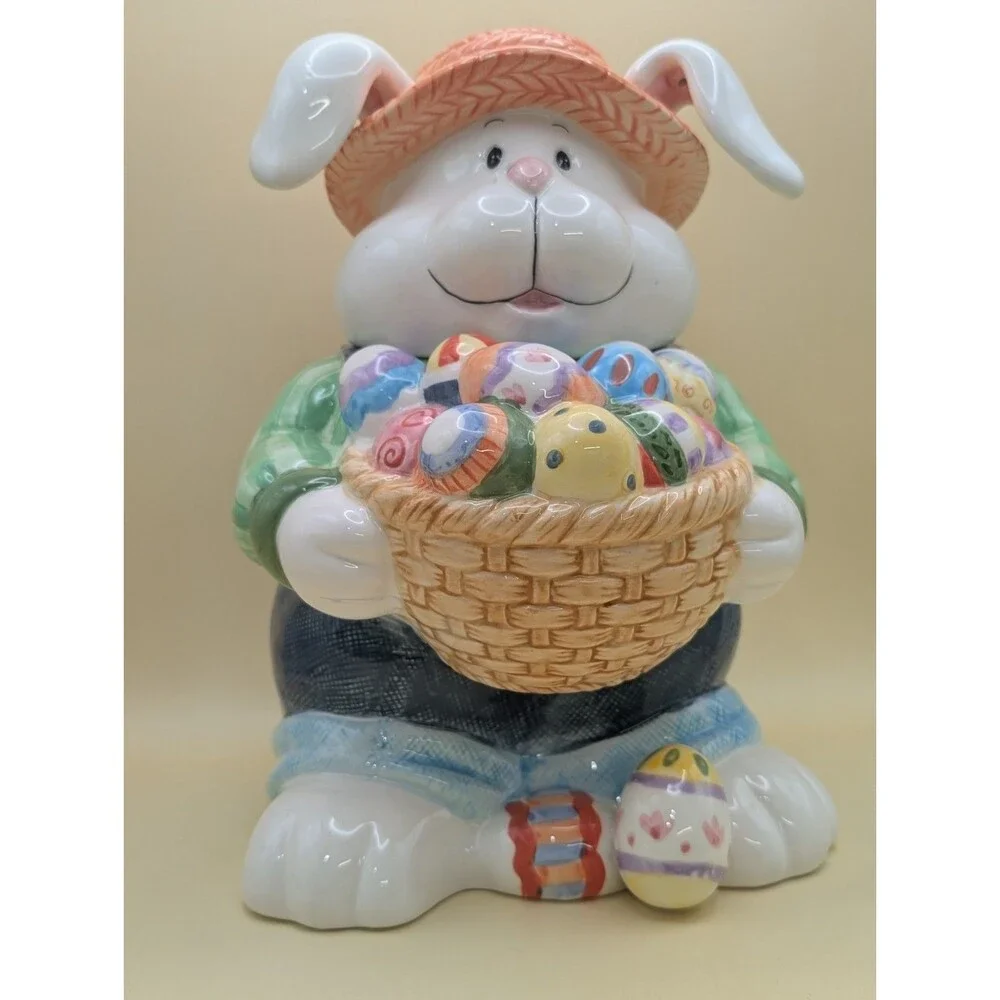 CKA Ceramic Easter Bunny Cookie Jar Vtg Rabbit Holding Basket Eggs Straw Hat *